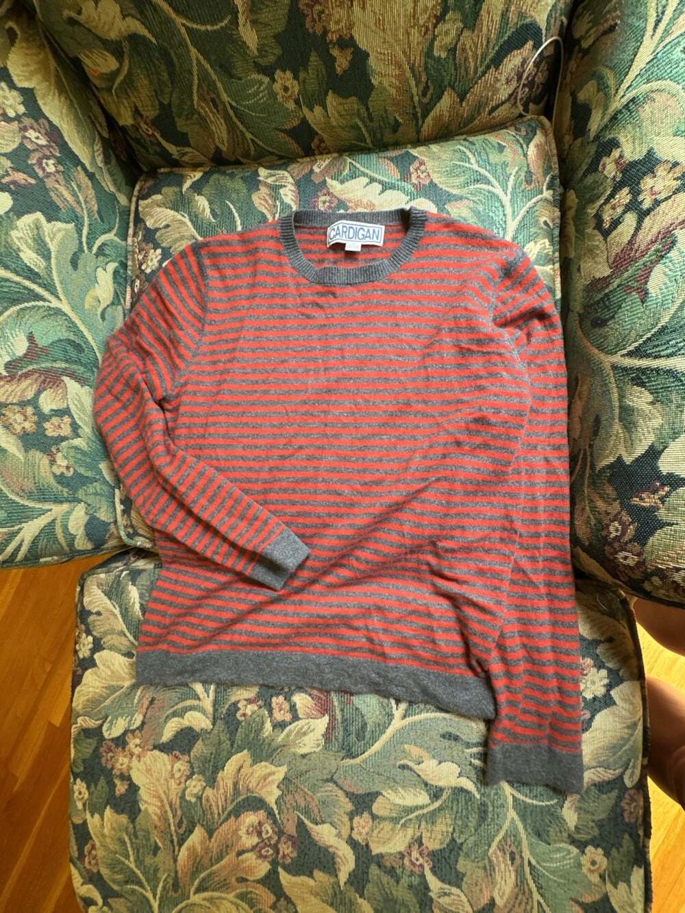 Cardigan Brand Red and Gray Striped Crewneck Sweater